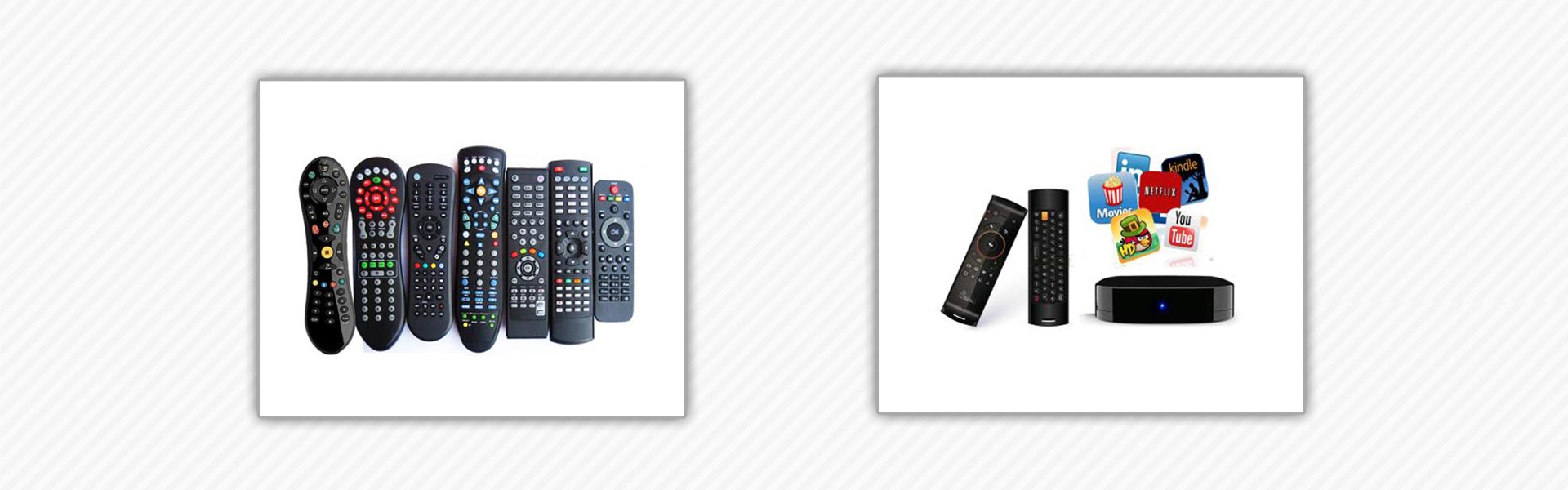 Collage of TV Remotes and a Internet Entertainment Box